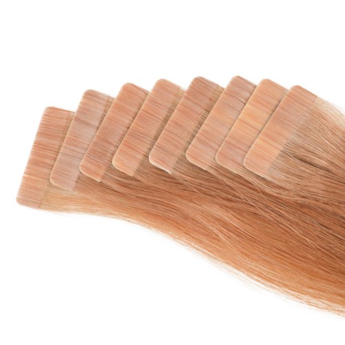A set of long, light brown, synthetic or real hair extension strips arranged in a fan shape.