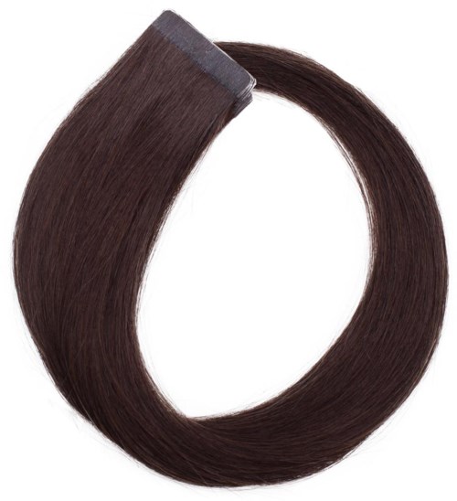 A hair extension or clip with dark brown, straight, shiny hair forming a loop.
