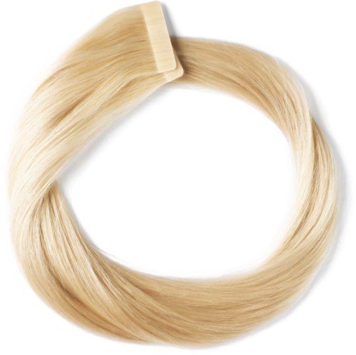 Blond hårförlängning i en cirkel med klämma i ena änden.