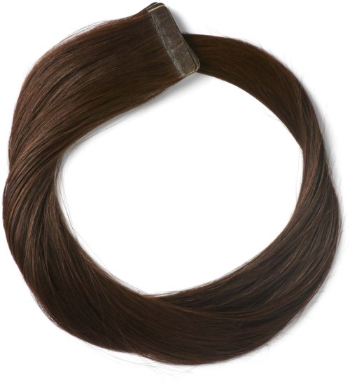 A brown hair extension or wig part with a clip, forming a circle and showing shiny, healthy hair.