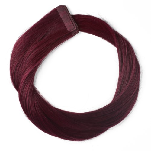 A long, straight hair extension in deep burgundy color. It has a clip at one end for attachment.