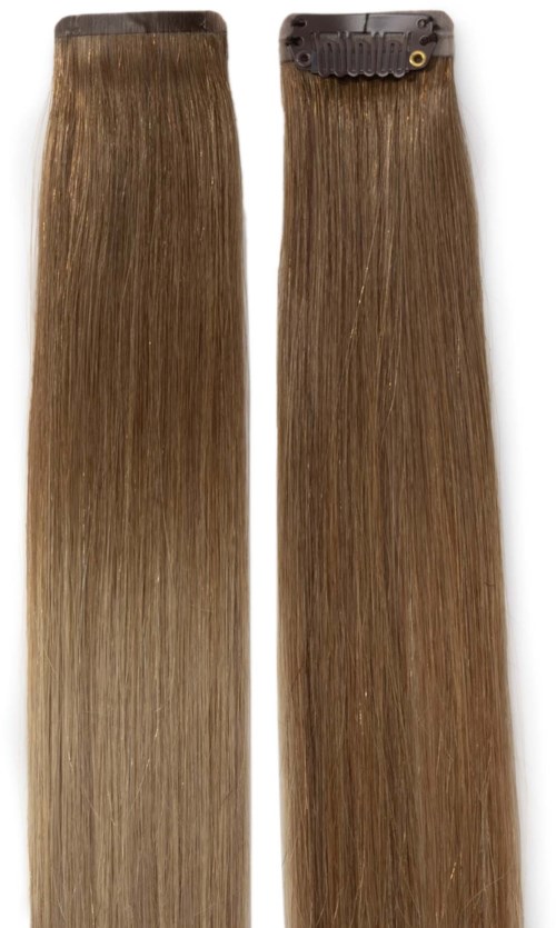 Twee lange, rechte haarextensions in bruintinten, een met clip, voor lengte en volume.