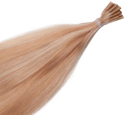 En bunt långt, rakt, blont hår knutet i ena änden.