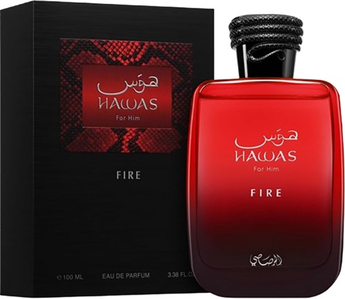 Czerwona butelka perfumu z czarnym korkiem i pasujące opakowanie oznaczone Fire for Him marki Hawas.