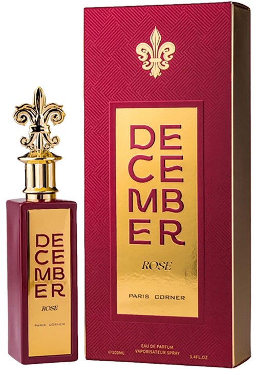 Butelka perfum i pudełko z złotym i różowym wzorem, oznaczone 'December Rose, Paris Corner, Eau de Parfum.'