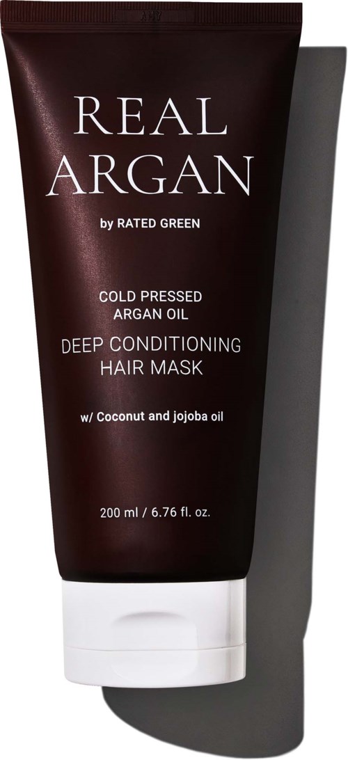 A dark brown tube of hair mask with white cap, labeled Real Argan with coconut and jojoba oil.