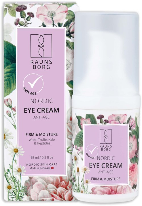 En flaske og eske med Nordic øyekrem med rosa blomster, grønne blader og tekst om anti-aldring og fuktighet.