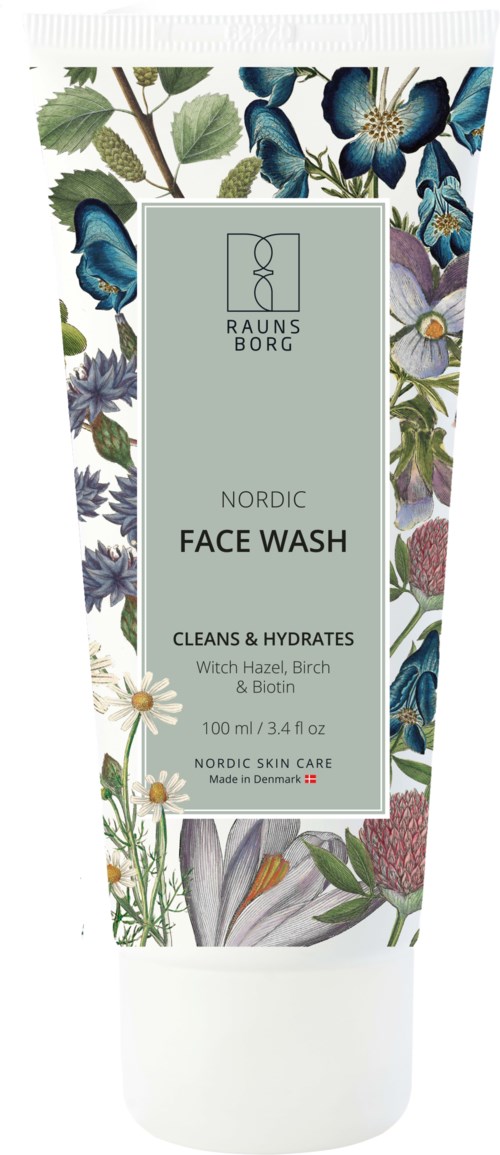 Tuba do mycia twarzy z kwiatowym i motylim wzorem, oznaczona jako Nordic Face Wash, zawiera składniki naturalne i nawilżające.