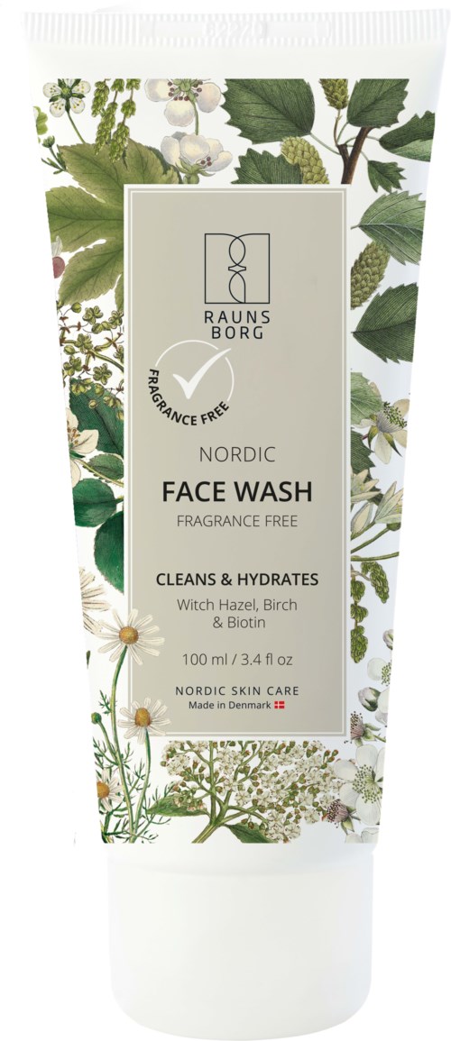 Biała tubka do mycia twarzy z zielonymi liśćmi i ziołowym designem, oznaczona 'Raunsborg Nordic Face Wash,' bez zapachu, 100 ml.