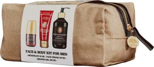 En necessär med hudvårdsprodukter för män, inklusive ansiktskräm, shower gel och en liten röd tube.