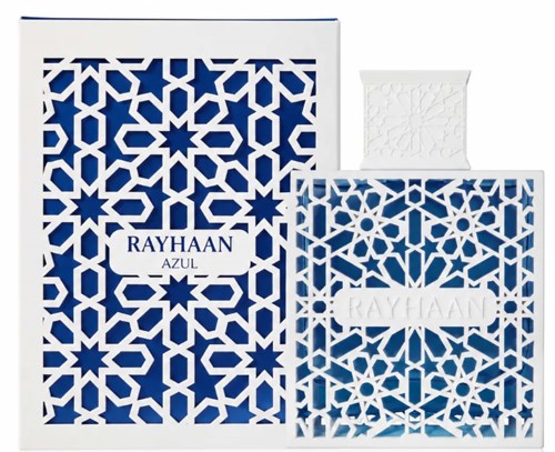 Rayhaam Azul parfymask paket med blå och vita geometriska mönster och ett vitt parfymprov.