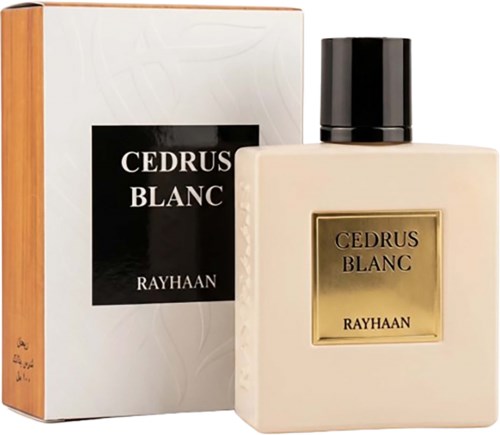 En parfymflaska märkt Cedrus Blanc Rayhaan bredvid sin förpackning, båda med minimalistisk vit och guld design.