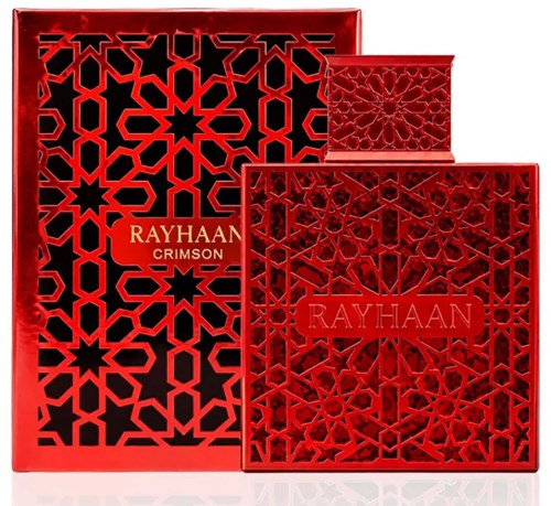 Röd parfymförpackning med geometrisk design och namnet Rayhaan Crusmon i mitten.