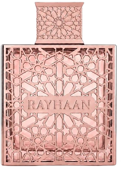 Ljusrosa parfyll bottles med ett intrikat geometriskt mönster och varumärket Rayhaam inhugget.