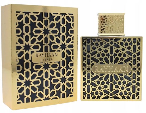 Elegant parfymflaska med svart och guld geometrisk mönster och matchande box. Rayhaan Elixir av Rayhaan. Flaskan är fyrkantig med ett dekorativt lock.