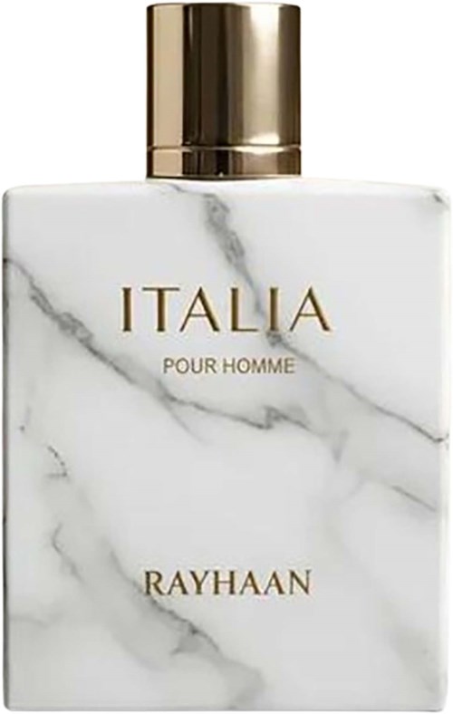En vit marmorliknande parfymflaska med guldlock och etikett som säger Italia Pour Homme Rayhaan.