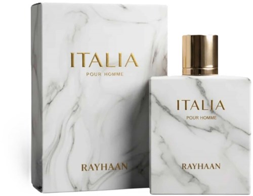 Parfymflaska och box med marmormönster, märkt Italia Pour Homme Rayhaan i guldfärgat.