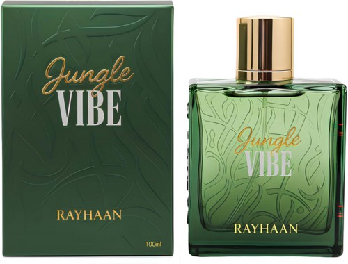En grön parfymflaska med guldkork och matchande förpackning, båda märkta Jungle Vibe av Rayhaan, med botaniska mönster.