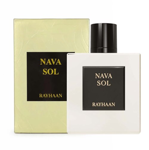 Nava Sol parfymflaska med svart lock, på sin ljusgula förpackningslåda med minimalistisk design.