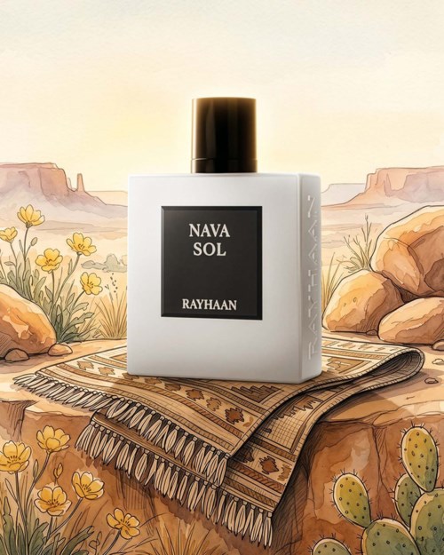 En vit parfymlflaska med svart etikett som läser NAVA SOL RAYHAAN, på en desert-inspirerad bakgrund, placerad på ett mönstrat tyg.