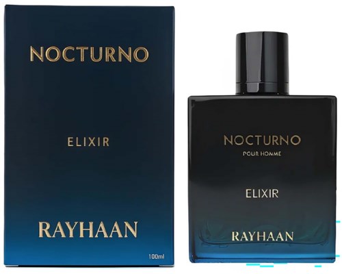 Nocturno Elixir Rayhaan parfymflaska och box i svart och blå färg. Flaskan är rektangulär med svart lock.