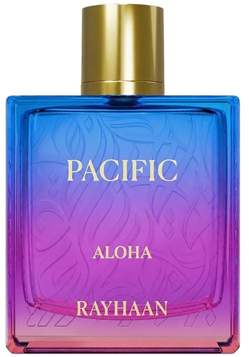 En färgglad parfymflaska med gradient från blått till rosa, guldlock, och orden Pacific, Aloha, Rayhaan.