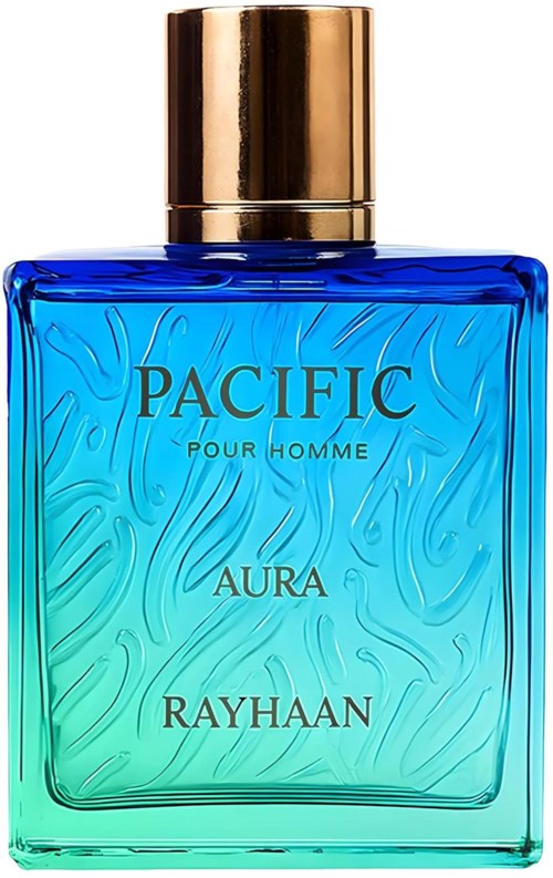 Blå parfymflaska med guldkapsel, märkt Pacific Pour Homme Aura Rayhaan.
