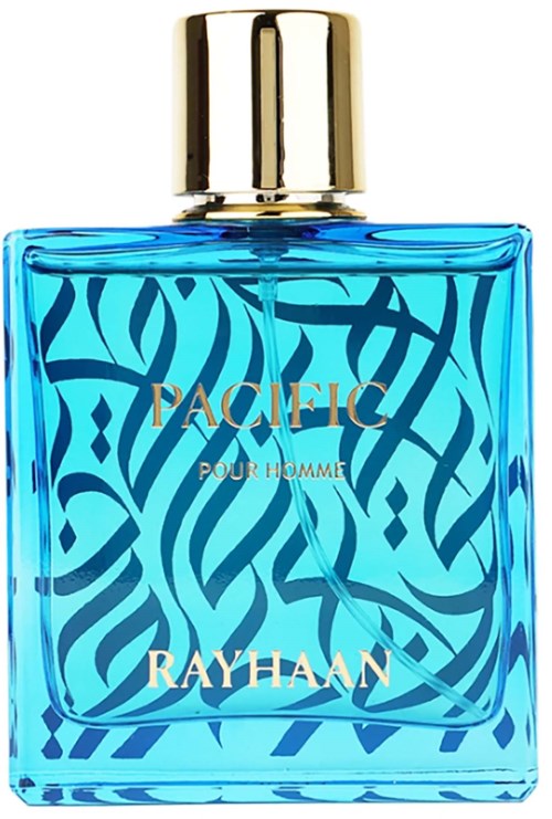 Blå parfylflaska med guldkork, märkt Pacific Pour Homme Rayhaan, och en svart vågig design på flaskan.