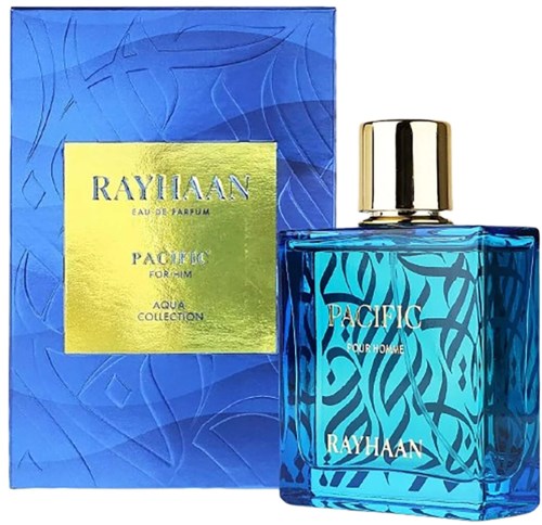 Blå parfymflaska med guldkapsel och matchande box visar RAYHAAN Pacific Eau de Parfum för män.