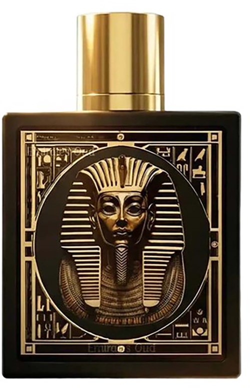 En svart parfymflaska med guldkork som har ett design av en egyptisk faraos mask på framsidan.
