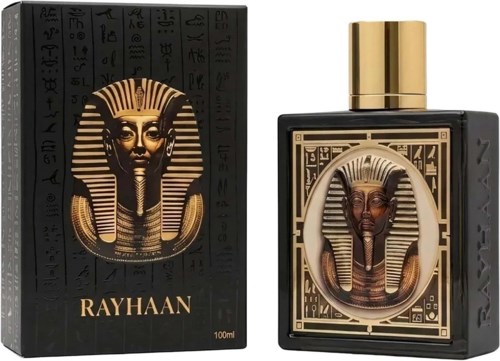 Parfymflaska och förpackning med egyptiskt farao-maskmotiv, svarta och guldaktiga färger, varumärket Rayhaan, volym 100 ml.