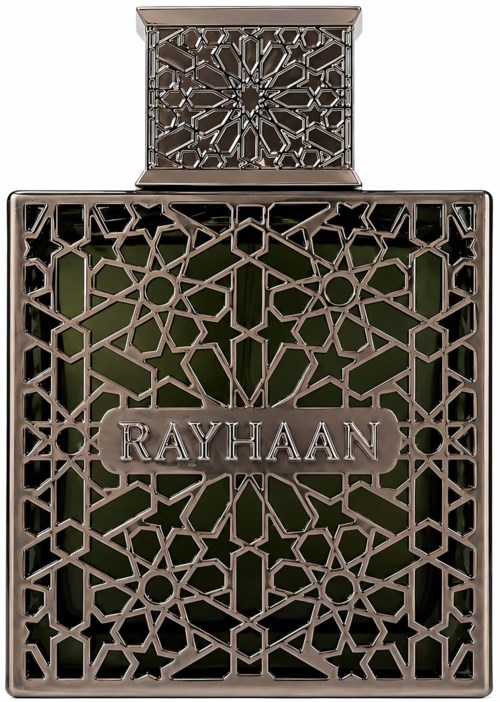 En parfyllflaska med ett utsökt mönster och namnet Rayhhaan på framsidan.