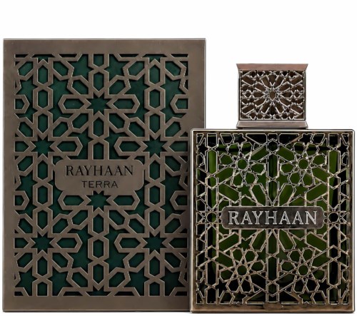 Dekorativ samlingsbox och två parfymflaskor med intrikata latticedesigner och Rayhaan-logga.