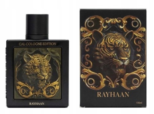 Lyxig parfylldo med svart etikett och guld-tigerdesign, bredvid en matchande svart box med guldtigerbild.