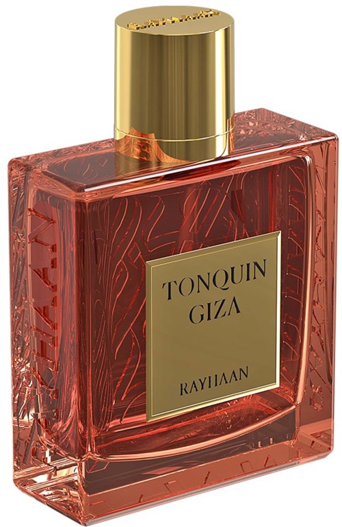 En fyrkantig parfyllflaska i glas med rosa färg, guldkapp och guldtitel som heter Tonquin Giza Rayhaan.