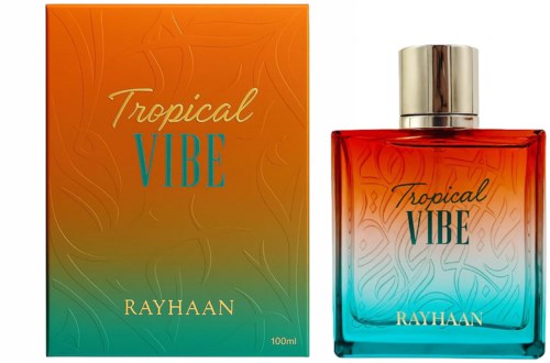 Tropical Vibe parfölflaska med matchande orange och turkos box. Gradientdesign på flaska och box med guldkapsel.