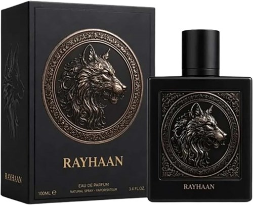 Svart parfymflaska och box med lejonhuvudlogga och guldig text som säger RAYHAAN.