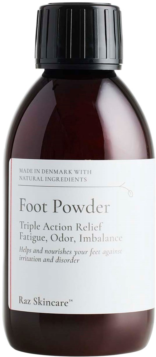 En mørk brun flaske med svart lokk, merket 'Foot Powder' som lindrer tretthet, lukt og ubalanse.