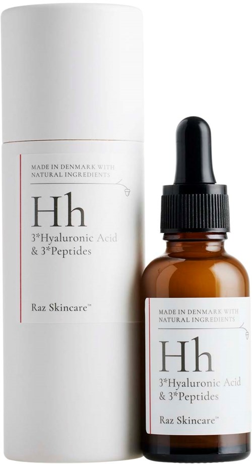 En hudvårdsprodukt med pipett, märkt som hyaluronsyra och peptider, i en liten brun flaska och en vit behållare.