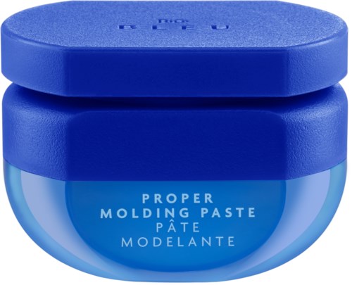 Blue container with a lid labeled 'Proper Molding Paste' used for modeling or shaping. Rounded jar shape. Key items are the label and color.