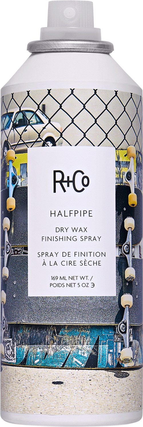 A spray can with a skateboard and chain graphic, labeled 'R+Co' and 'HALFPipe DP WAX'.
