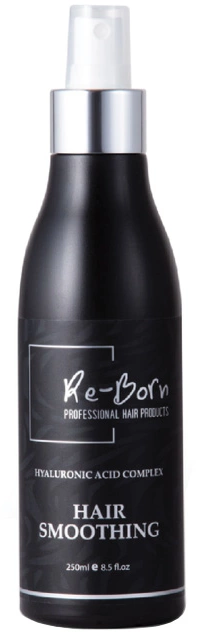En svart flaska med sprayhuvud märkt Re-Born Hair Smoothing med hyaluronsyra komplex, 250 ml.