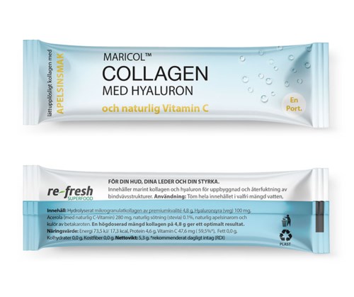 Collagen and hyaluronic acid supplement with vitamin C, in a tube package, aimed at skin health, strength, and hydration.