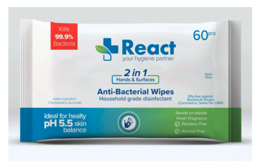 En förpackning med 60 antibakteriella våtdukar, märkt React, i grönt och blått, som påstår sig döda 99,9% av bakterierna.