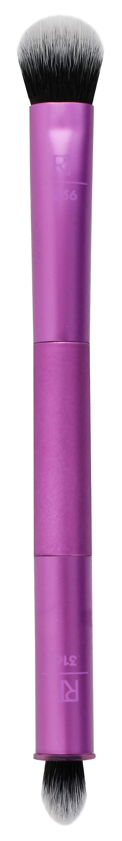 A pink dual-ended makeup brush with black and white bristles on both ends.
