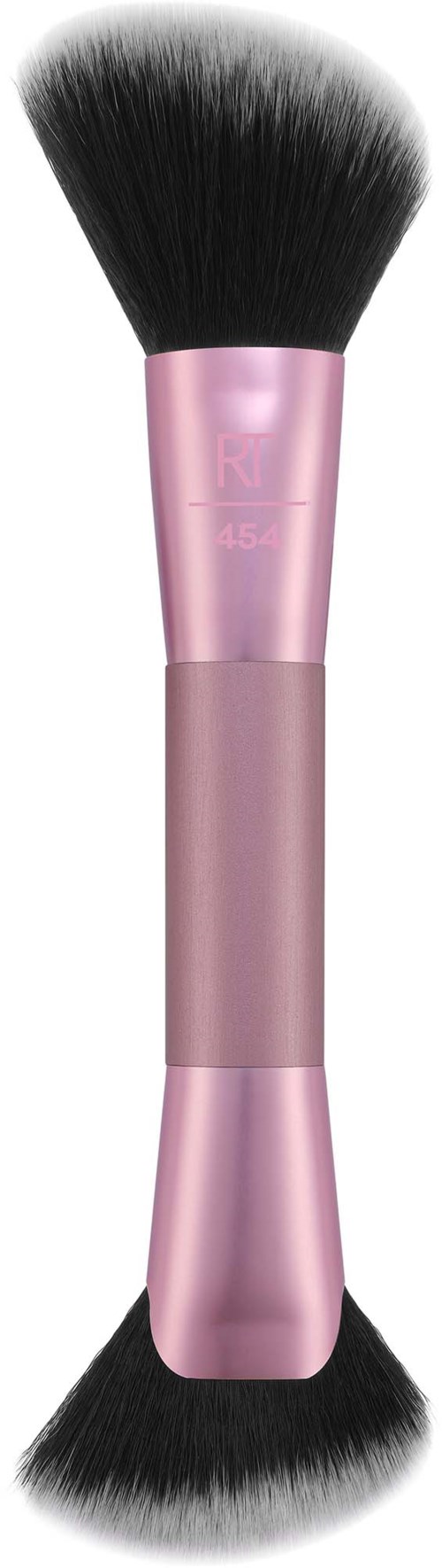 Dubbele make-up kwast met zwarte haren en roze metalen handvat.