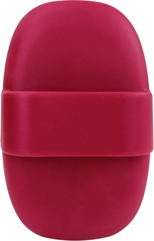 En liten, rund, rosa sak med ett band i mitten, ser slät och kompakt ut.