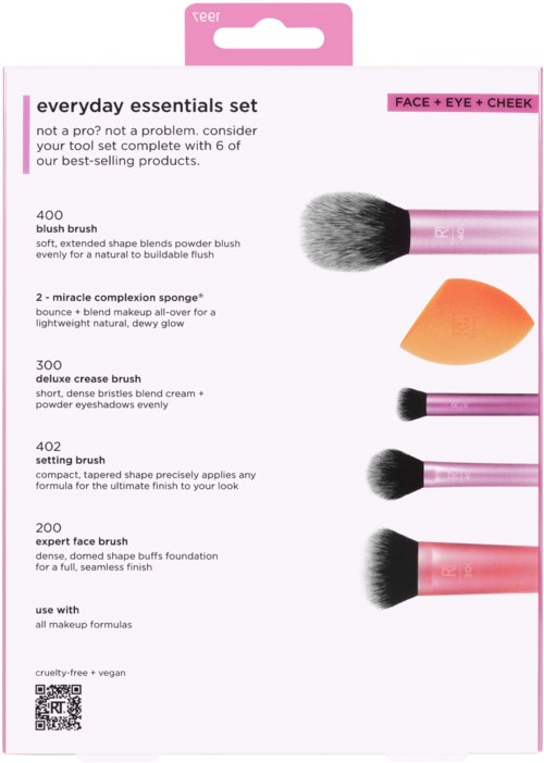 Et sett med sminkbørster for ansikt, øye og kinn, inkluderer seks produkter som blush, svamp, crease-børste, innstilling og ekspert ansiktsbørste.