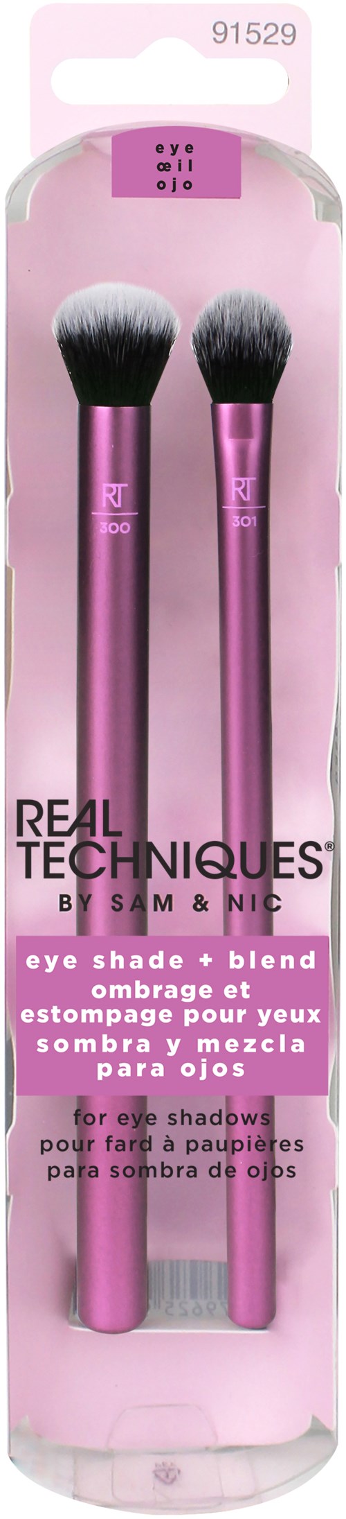 Two pink makeup brushes for eyeshadow and blending in clear plastic packaging.