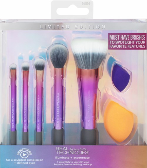 Meikkisivellinsetti, jossa on violetteja kädensä ja sieni, pakkauksessa lukee 'Limited Edition' ja 'Must Have Brushes'.
